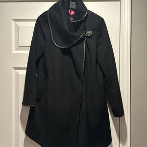 Black wool coat with leather trim
